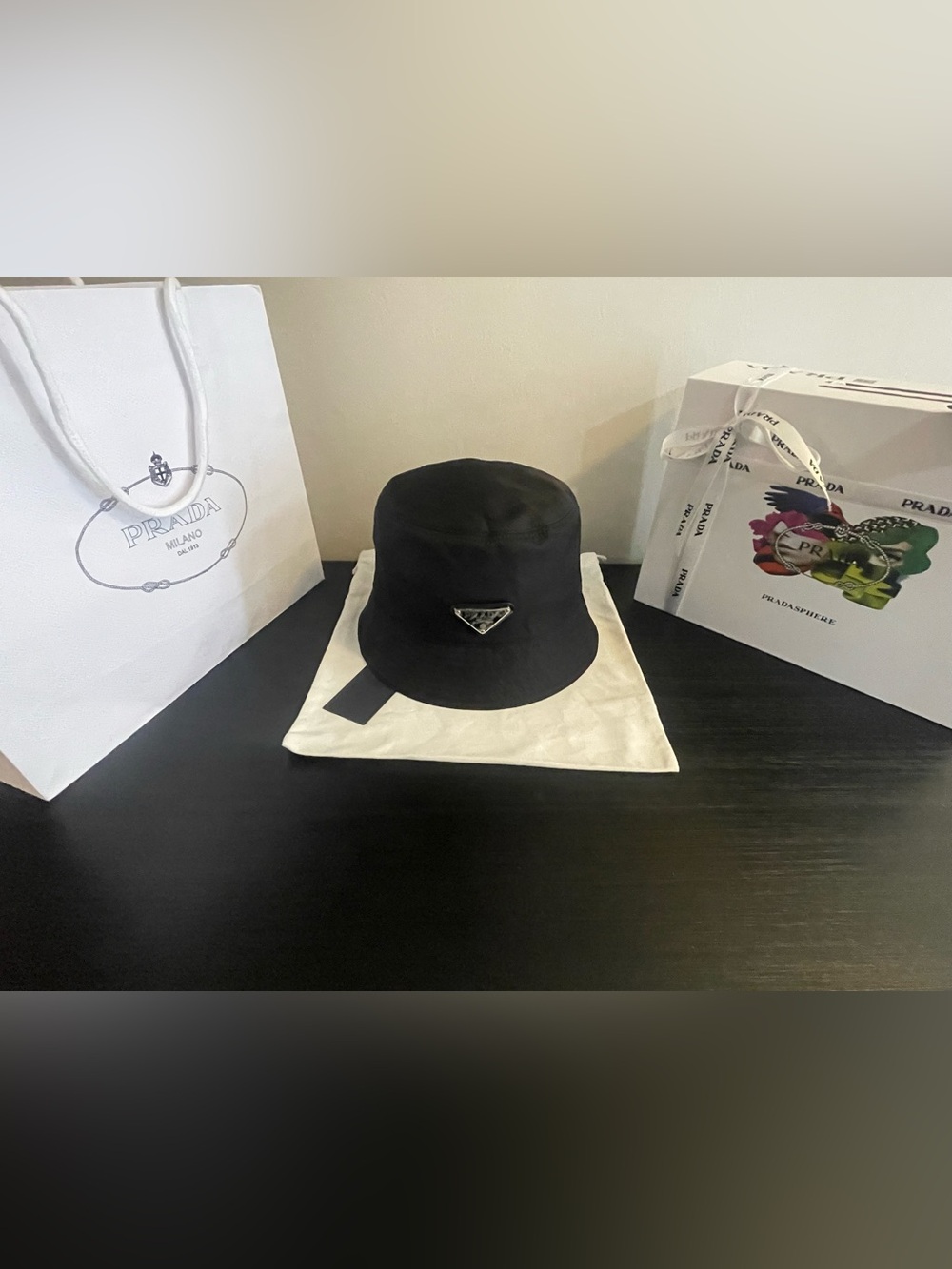Prada Black Nylon Triangle Logo Bucket Hat. Authentic. OS M